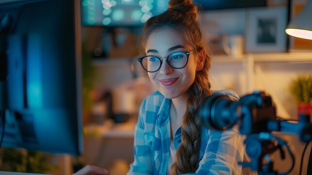 Young woman blogger recording online course or workshop for followers, chatting via webcam at home with wireless high-speed internet connection