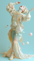A woman dressed in a fancy outfit with lots of bubbles