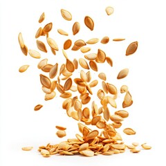 Falling pumpkin seeds isolated on white background, nutritional concept, dynamic image