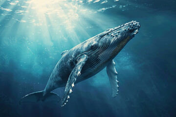 Fantastically beautiful majestic huge whale in ocean