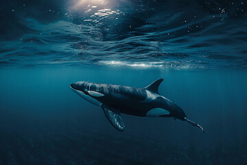 Naklejka premium Fantastically beautiful majestic huge whale in ocean