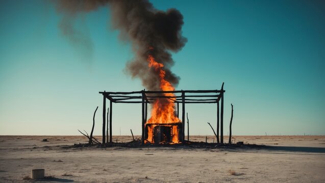 Apocalyptic Landscape with Burning Structure.
