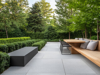 Modern outdoor dining space with sleek furniture amid lush greenery in a private garden