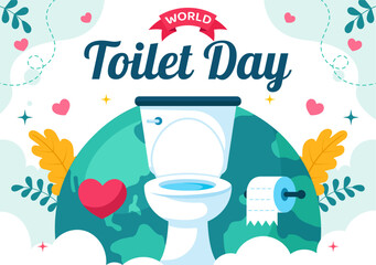 Naklejka premium World Toilet Day Vector Illustration on November 19, featuring Earth and Bathroom Hygiene Equipment for Awareness in a Flat Style Cartoon Background