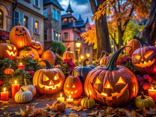 Fototapeta premium Spooky Vintage Halloween Photos Featuring Jack-o'-Lanterns, Bats, Ghosts and Haunted Decorations