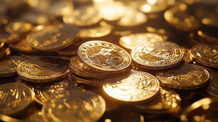 A Close Up View of Piled Golden Coins Glimmering Brightly