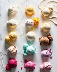 Assorted selection of various ice cream flavors captured from a top down perspective.