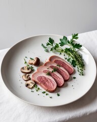 Boiled beef tongue with mushrooms and herbs.