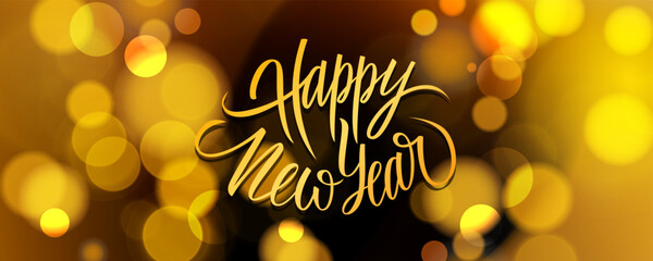 New Year celebration banner. Handwritten holiday greetings Happy New Year. Bright blurred bokeh lights. Vector illustration. © FineVector