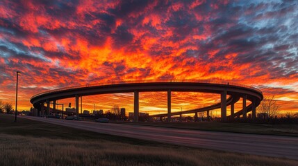 Obraz premium A fiery sunrise illuminates the sky behind a highway overpass.