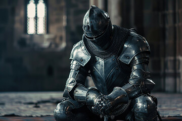 Fototapeta premium A fantastic royal knight in armor guards the castle chambers
