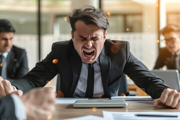 Angry businessman confronts employees in meeting room amidst tense discussion and frustration