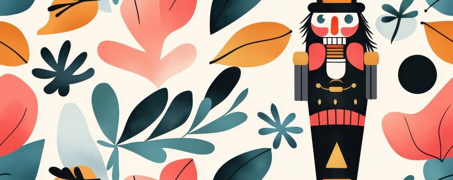 Colorful nutcracker design with playful floral background.,Seamless pattern