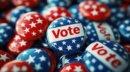 Close-up of red, white, and blue pinback buttons with the word "Vote" on them