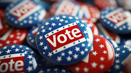 Close-up of red, white, and blue pinback buttons with the word "Vote" on them