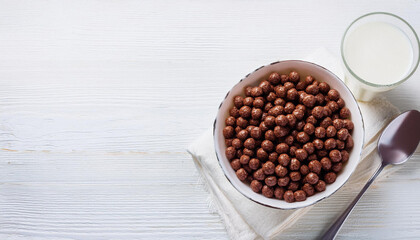 Bowl full of ready-to-eat healthy vegetarian cereals in shape of cocoa and vanilla balls served with spoon and glass of milk prepared for breakfast on white wooden background. ai generated