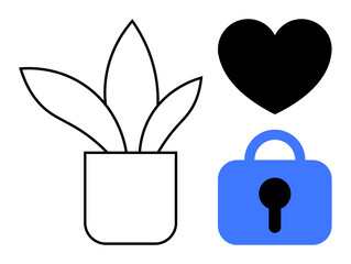 Black and white potted plant, black heart, and blue lock illustrated in minimalist style. Ideal for home decor, love themes, security concepts, minimalist design, and vector art. Clean design