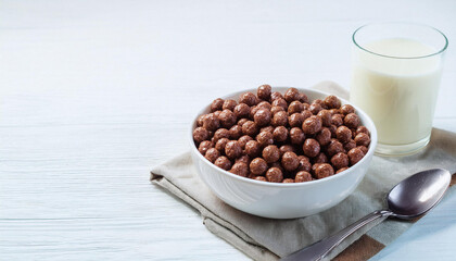Bowl full of ready-to-eat healthy vegetarian cereals in shape of cocoa and vanilla balls served with spoon and glass of milk prepared for breakfast on white wooden background. ai generated