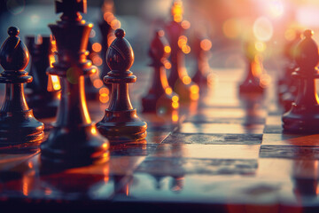 Beautiful chess piece standing on checkered game board during strategic game of chess