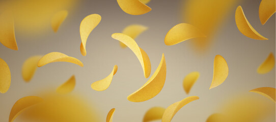 3d crisp potato chip floating. Snack food explosion vector background. Crispy yellow slice appetizer for advertising bg. Wavy realistic fried salted vegetable. Delicious closeup scene with blur