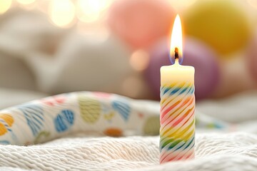 Colorful candle with flame on a textured surface.