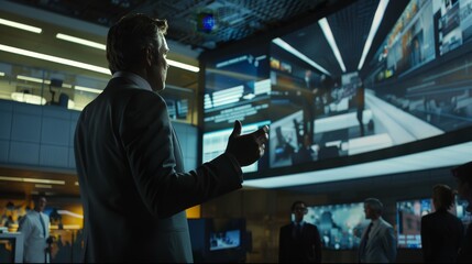 Cinematic image of a confident leader engaging in strategy discussions with a collaborative team