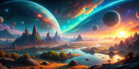 Obraz premium Stunning 4K Science Fiction Wallpaper Featuring Futuristic Landscapes and Cosmic Elements