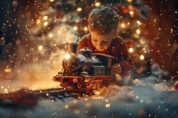 Adorable curly haired boy enjoys playing with a magical toy train by the christmas tree