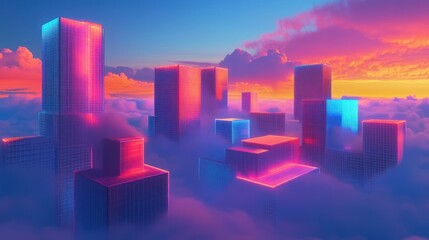 3D model of futuristic architecture with glowing textures, set against a cyberpunk cityscape background.