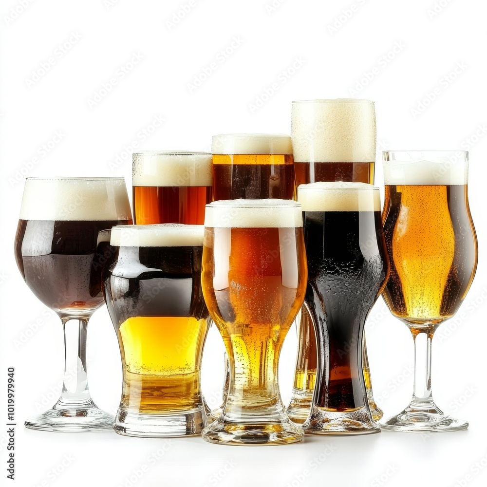 Wall mural variety of beers in different glasses standing on a bar isolated on white background