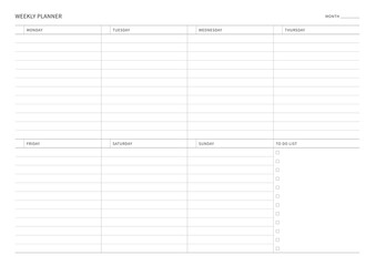 A weekly plan design template in a modern, simple, and minimalist style. Note, scheduler, diary, calendar, planner document template illustration.