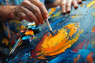 Fototapeta premium Hands creating a vibrant landscape on canvas, capturing depth and color in a creative space
