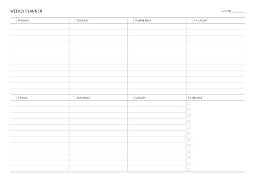 A weekly plan design template in a modern, simple, and minimalist style. Note, scheduler, diary, calendar, planner document template illustration.