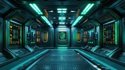 Fototapeta premium 3D space station interior with futuristic design, glowing control panels, and high-tech equipment, perfect for sci-fi settings.