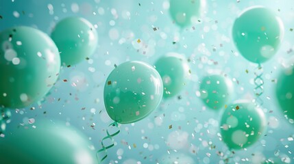 Green ribbon with confetti, lavender background, soft color balloons, soothing and celebratory composition.