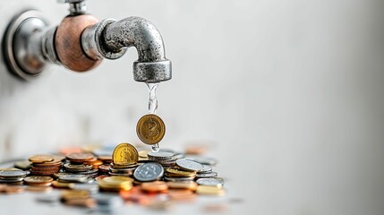 A Water Faucet Dripping a Bitcoin Cryptocurrency Coin on a Pile of Coins