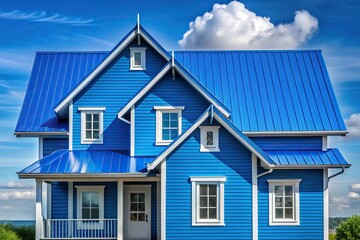 Blue house with blue roof against sky background