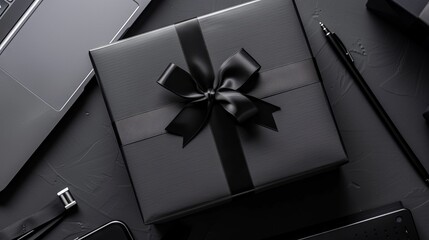 Top view of black gift box and laptop on black office desk—modern workspace featuring technology and gift concept for corporate occasions