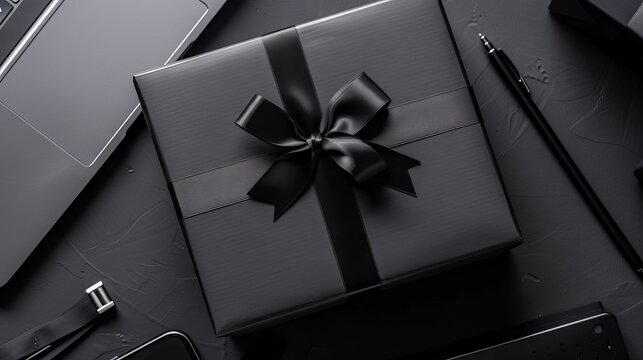 Top view of black gift box and laptop on black office desk—modern workspace featuring technology and gift concept for corporate occasions - Powered by Adobe
