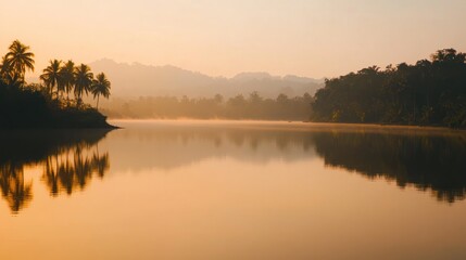 Fototapeta premium A serene lake with a misty morning sunrise, creating a peaceful atmosphere with the reflection of palm trees and distant mountains.