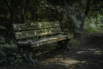 Old lonely bench in dark deserted park against backdrop of autumn trees