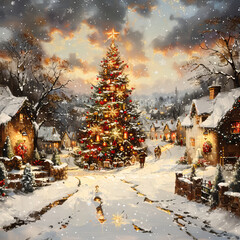 Beautiful winter landscape with Christmas tree in the village. 