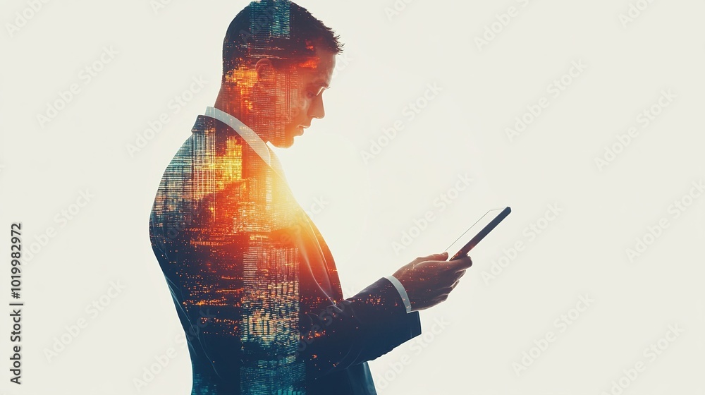 Poster Businessman Using Tablet with City Overlay Effect