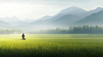 Naklejka premium serene landscape featuring farmer walking through lush green rice fields, surrounded by majestic mountains and misty atmosphere. peaceful scene captures essence of rural life