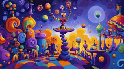 Obraz premium A colorful, whimsical city with swirling buildings, floating orbs, and a figure on a pedestal.