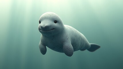 Naklejka premium Cute Baby Dolphin Swimming Underwater Cartoon Animal
