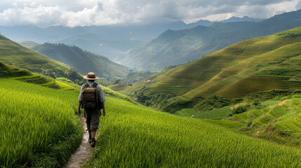 traditional farmer walking towards horizon in lush green rice terraces, surrounded by majestic mountains and dramatic sky. serene landscape evokes sense of peace and connection to nature