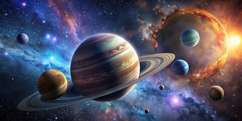 Stunning celestial view of distant planets orbiting in the vastness of outer space, cosmic beauty