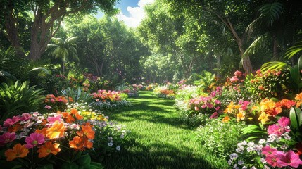 Obraz premium Lush garden pathway surrounded by vibrant flowers and greenery.