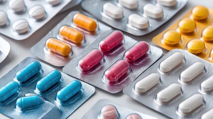 A collection of assorted blister packs containing multicolored capsules, showcasing a variety of shapes and sizes.